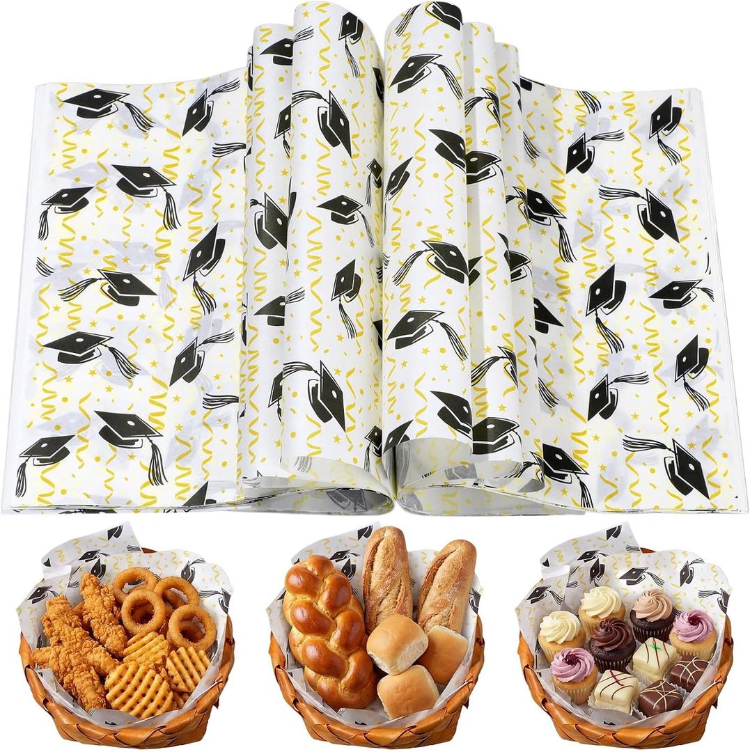 Marspark 150 Pcs 2026 Graduation Deli Wax Paper Sheets for Food 9.8 x 8.3 Inch Greaseproof Waterproof Sandwich Wrapping Paper Basket Liner for Picnic Kitchen Graduation Party Supplies(Ribbons)