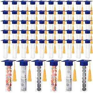 Didaey 2024 Graduation Gumball Tubes Graduation Party Favors Including 50 Pcs Graduation Candy Container and 50 Pcs Mini Graduation Caps with Gold Tassels Set for Grad Party Guests Supplies(Blue)