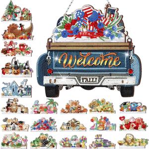 Burbell 21 Pcs Interchangeable Diamond Painting Welcome Sign for 4th of July Front Door Diamond Painting Truck Decor Interchangeable Seasonal Welcome Sign for DIY Wall Window Farmhouse (Blue)