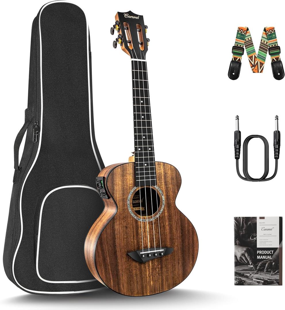 Caramel 26inch CT204 All Solid Acacia Wood Tenor Electric Ukulele Professional Ukelele Kit Beginner Guitar Starter Bundle Strings, Padded Gig Bag, Strap