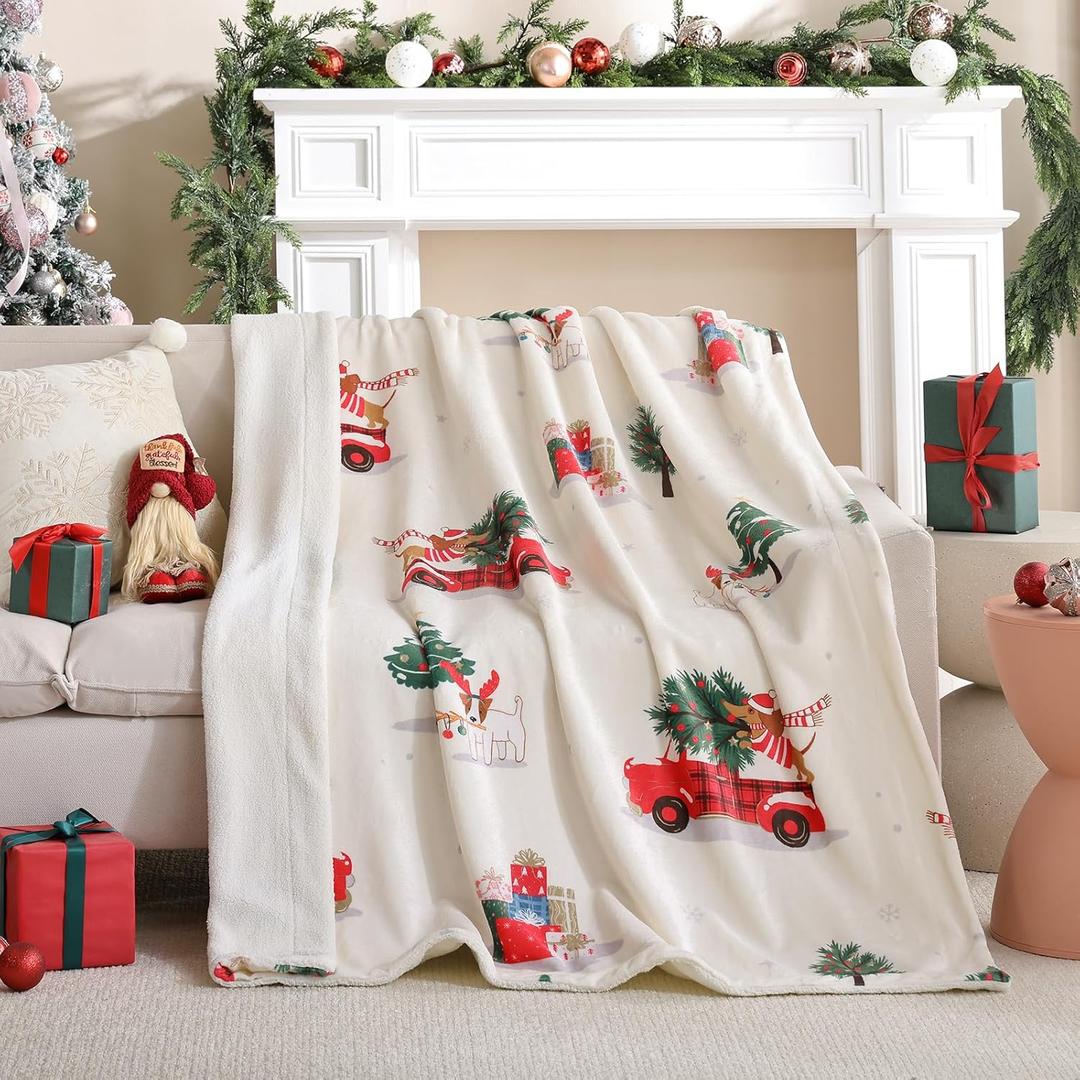 TRUEDAYS Christmas Throw Blanket 50x60 - Cozy Fluffy Sherpa Fleece Blanket for Couch and Bed, Soft Beige Throw Blanket with Classic Tree Truck Design for Christmas Decor