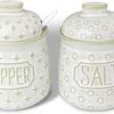 GDCZ 10 Oz Ceramic Salt and Pepper Bowls Set with Lid and Spoons, Seasoning Container, Dishwasher Safe, Set of 2 (White)