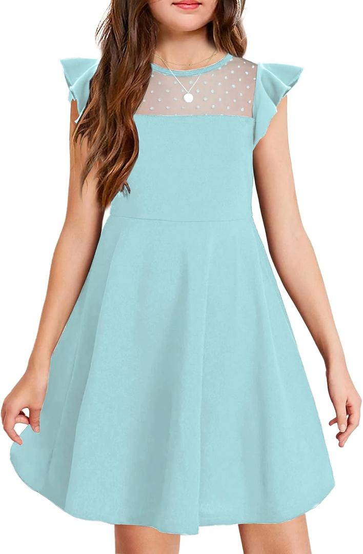 Arshiner Girls Dress Summer Ruffle Sleeve Mesh A Line Casual Party Dresses with Pockets (Blue) Size 10-12