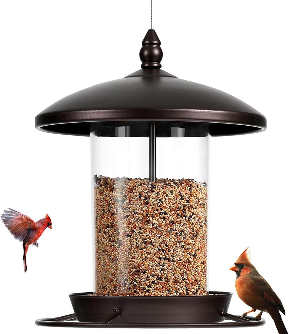 Metal Bird Feeder for Outdoors Hanging,3.0LB Seed Feeder, Easy to Fill & Clean,360 Feeding, Weatherproof Roof for Gardens and Wild Birds, Brown