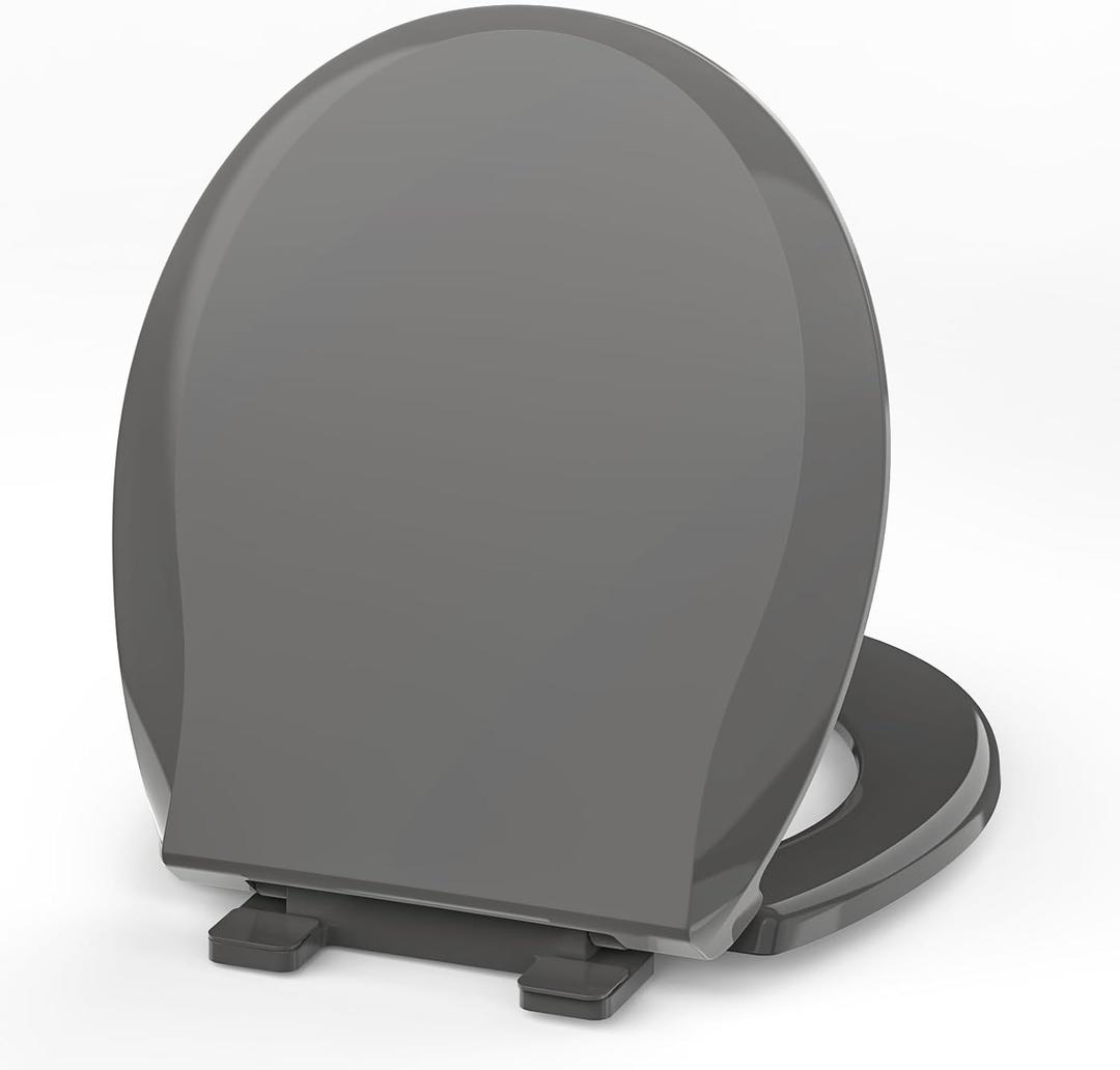 Round Toilet Seat, 16.5inch, Soft Close Quiet, No Alam, Standard Round Universal Size, PP Material Safe and Easy Clean, Black Grey (Gray)