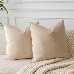 JUSPURBET Throw Pillow Covers Set of 2 Decorative 22x22 Velvet Pillow Covers for Couch Sofa Bed Soft Cushion Covers Cases with Invisible Zipper for Living Room Home Decor,Khaki