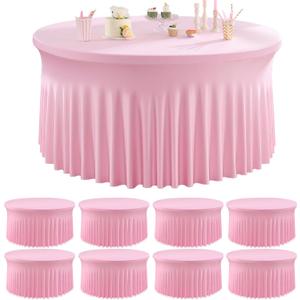 8 Pack Pink Round Spandex Tablecloths for 60inch Table, Wrinkle Free 120inch Stretchy Fitted 5FT Round Table Cloths Cover with Skirt for Wedding Birthday Party Dining Banquet Event