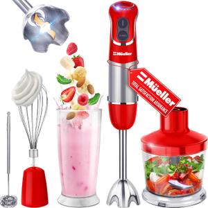 Mueller Multistick 800W 5-in-1 Immersion Blender Handheld, 12 Speed Hand Mixer - Turbo Boost, Heaviest Duty Copper Motor, Titanium Blades Hand Blender, Milk Frother Wand, Red Kitchen Accessories