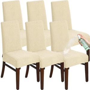 Chair Covers for Dining Room Set of 2/4/6, Stretch Jacquard Dining Chair Slipcover Covers, Removable Washable Waterproof Chair Covers (Cream,6 Pieces)