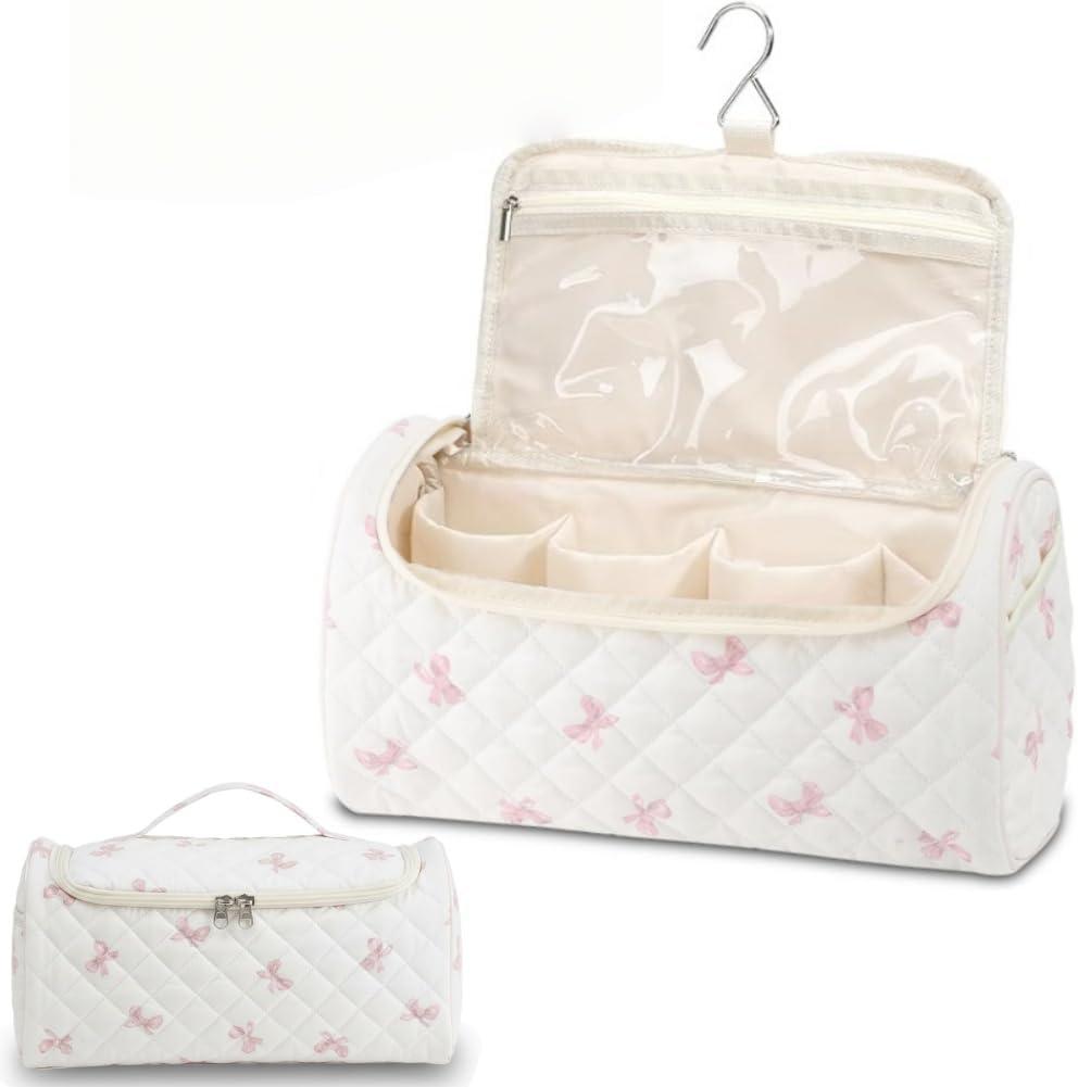 Quilted Travel Case Compatible Complete Styler And Attachments, Cotton Portable Hair Dryer Curler Tools Storage Bag with Hanging Hook (Pink)