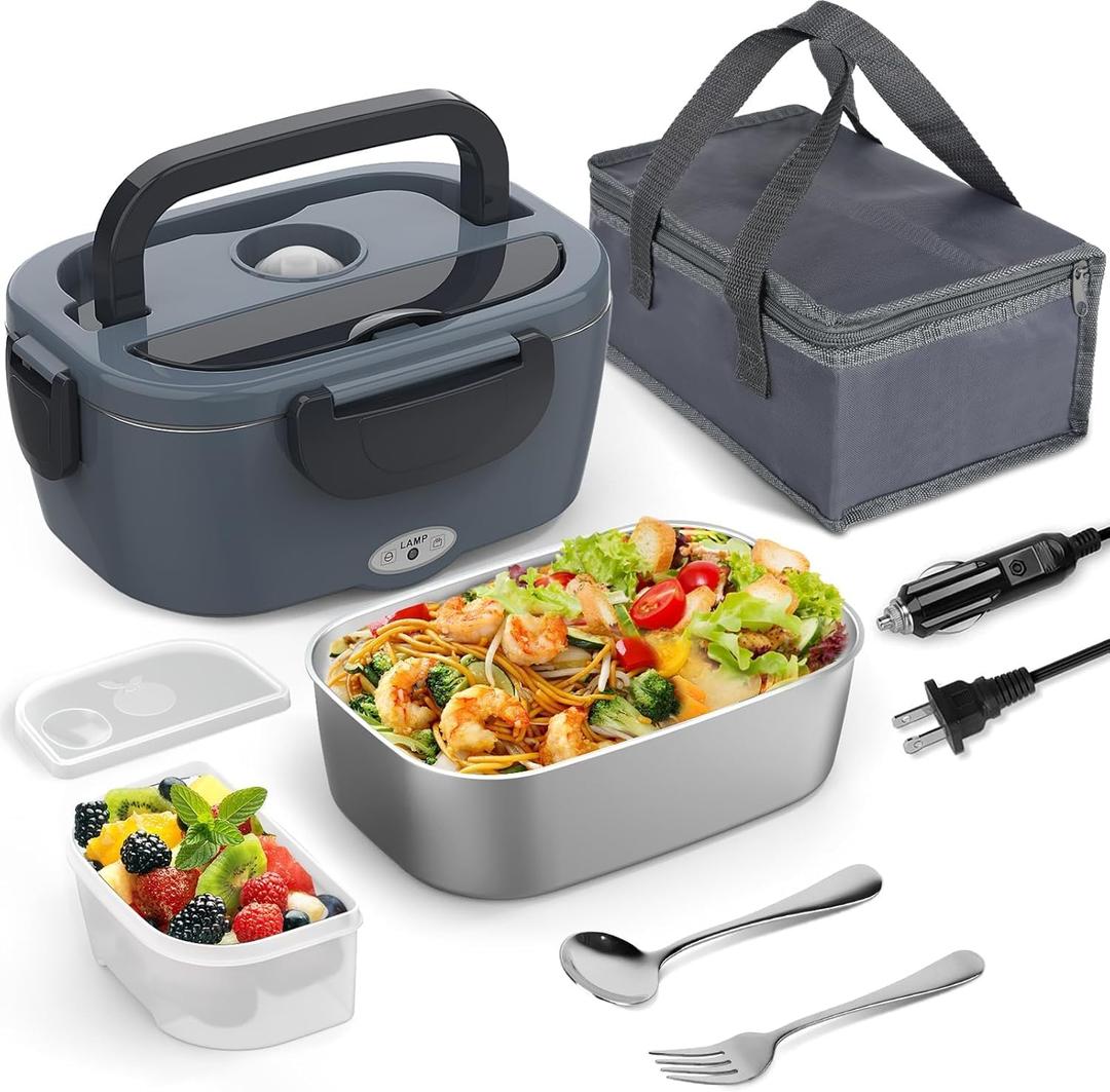 Electric Heated Lunch Box for Men/Women Home 80W Portable Food Warmer with 12V/24V/110V/220V Stainless Steel Leakproof Container for Work Travel Jobsite Camping Valentine's Gift for Adults/Men/Woman (Black & Grey)