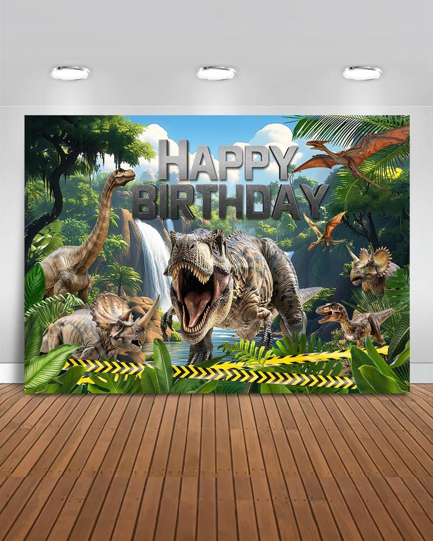 Mocsicka 7x5ft Dinosaur Birthday Backdrop Jurassic Party Decorations for Boy Dino Theme Photography Background Supplies (Green, 7x5ft(82"x60"))