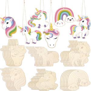 Fullhawl 36 Pack Wooden Unicorn Cutouts Crafts Unfinished Wood Unicorn Head Cutouts to Paint DIY Crafts for Hanging Ornaments Rainbow Party Decorations Gift Tags Home Craft
