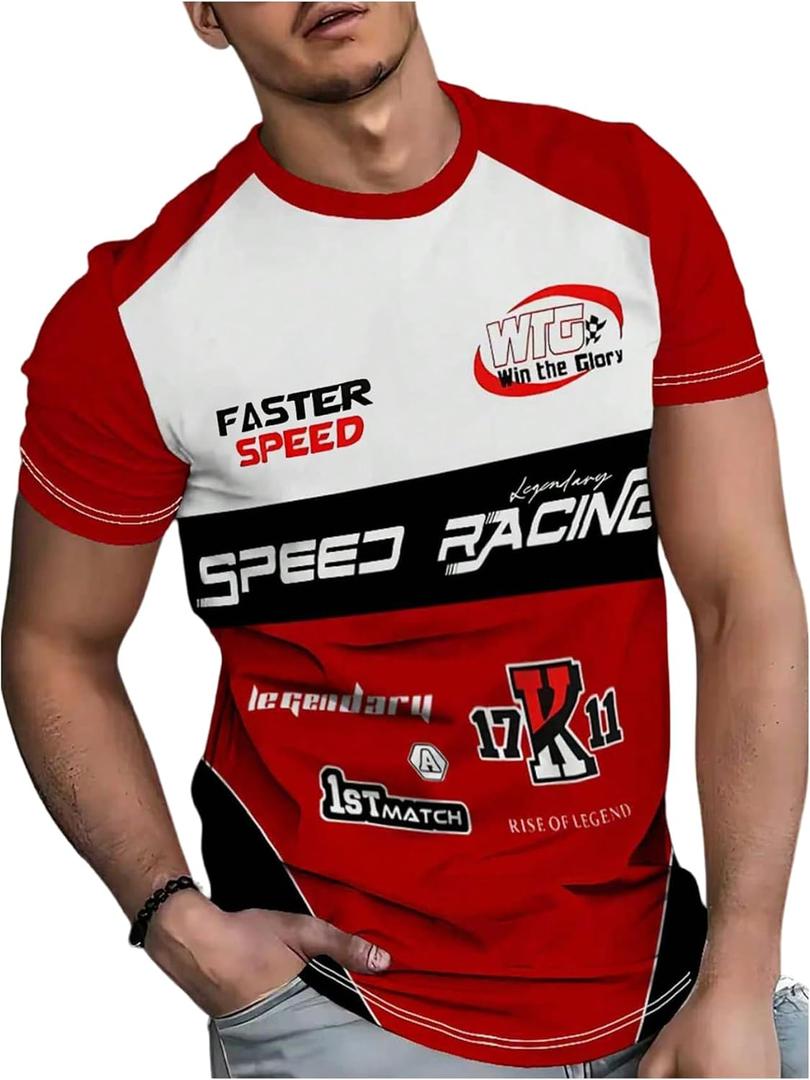 WDIRARA Men's Letter Graphic Tees Crew Neck Short Sleeve Racing T Shirts Streetwear (White, L)