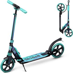 Skidee Adult & Teen Scooter Adjustable Height, Folding, Large Wheels, Lightweight, Durable, Anti-Shock Suspension, Up to 220 lbs (Aqua)