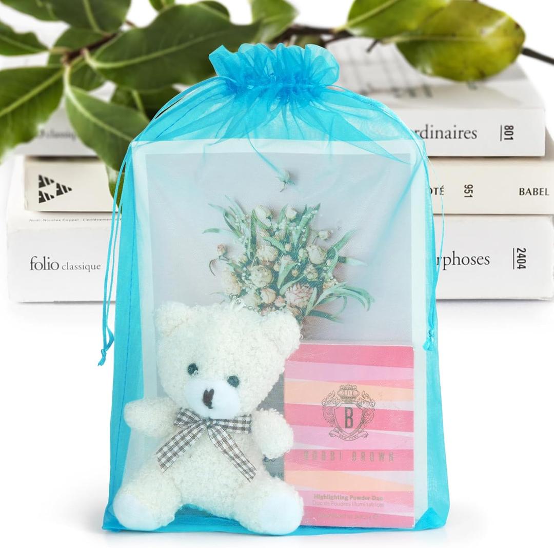 ANZNKU 8x12 Inch 50 Pack Organza Bags, Mesh Gift Bags with Drawstring for Goodie Candy Jewelry Packaging, Large Organza Gift Bag Drawstring for Baby Shower Wedding Party Favor (Lake Blue)