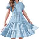 Arshiner Girls Dresses Summer Ruffle Sleeve Swiss Dot V Neck Twirl Birthday Party Midi Dress with Pockets (6, Light Blue)