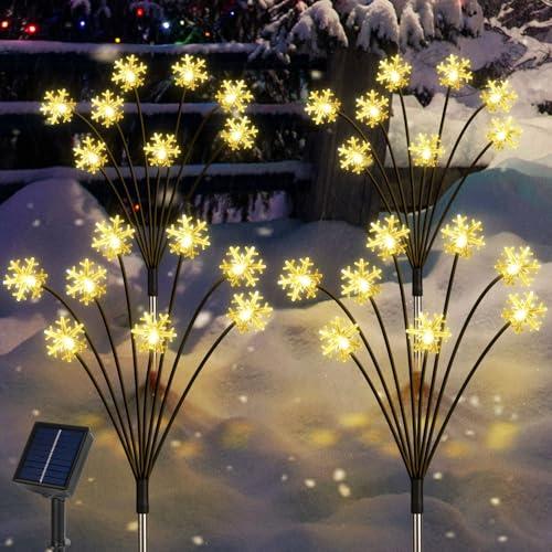 Newhale Set of 4 Snowflake Solar Christmas Decorations, 8 Modes Swaying Garden Lights, Outdoor Pathway Solar Christmas Stake Lights, Upgraded Base on Firefly Light for Lawn Decor (Warm White)
