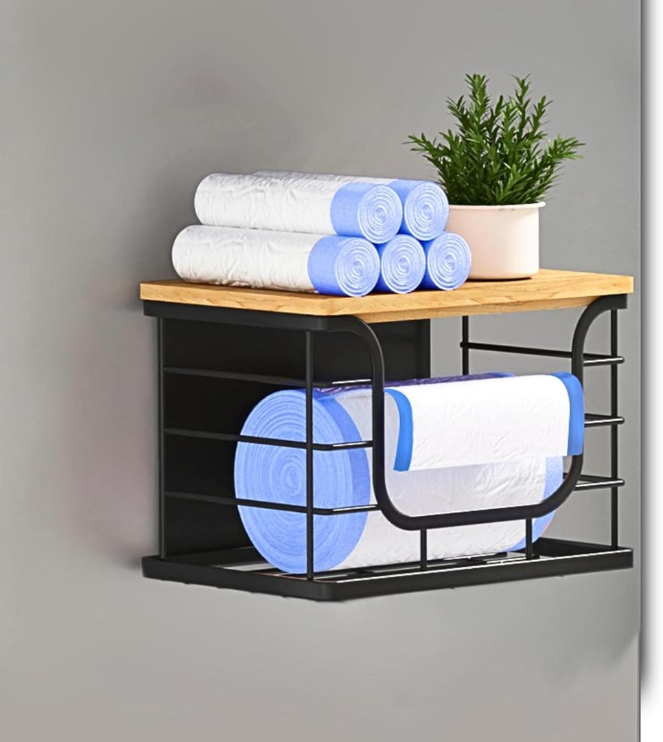 Ofiray-home Magnetic Shelf for Fridge Bag Storage, 1 Pack Stackable Garbage Bag Holder with Bamboo Lid, Magnetic Storage Bin for Refrigerator, Under Sink, Kitchen Pantry Organization Black