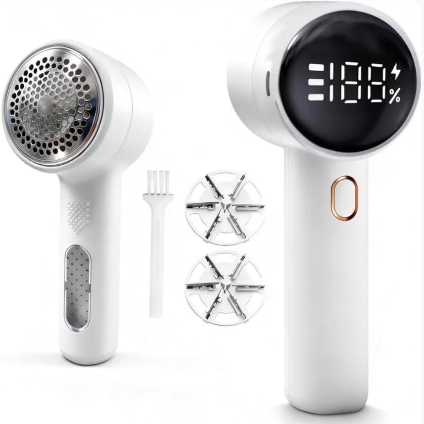 Fabric Shaver, Electric Lint Remover Rechargeable with 2 Replaceable Blades, 3 Speeds, Digital LED Display to Remove Pilling for Clothes, Furniture, Sweater, Couch, Blanket (White)