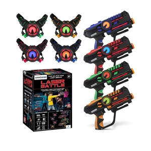 ArmoGear Set of 4 Laser Tag Guns with Vests  Laser Tag Set for Kids and Adults  Toy Guns with 150 ft Range, Night Vision, Invisibility Mode  Battery Operated  Multiplayer Outdoor Game for Ages 8+