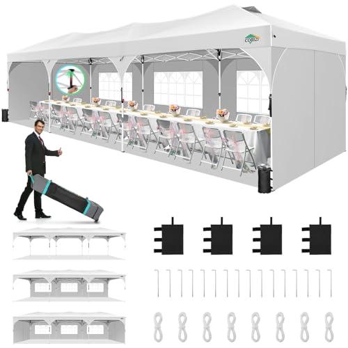 COBIZI 10x30 Pop Up Canopy Tent, Outdoor Party Tent with 5 Sidewalls, 1 Person Easy Set up, Tents for Parties with Fluorescent Strip & 4 Sandbags, Waterproof UPF50+, 3 Adjustable Height, White