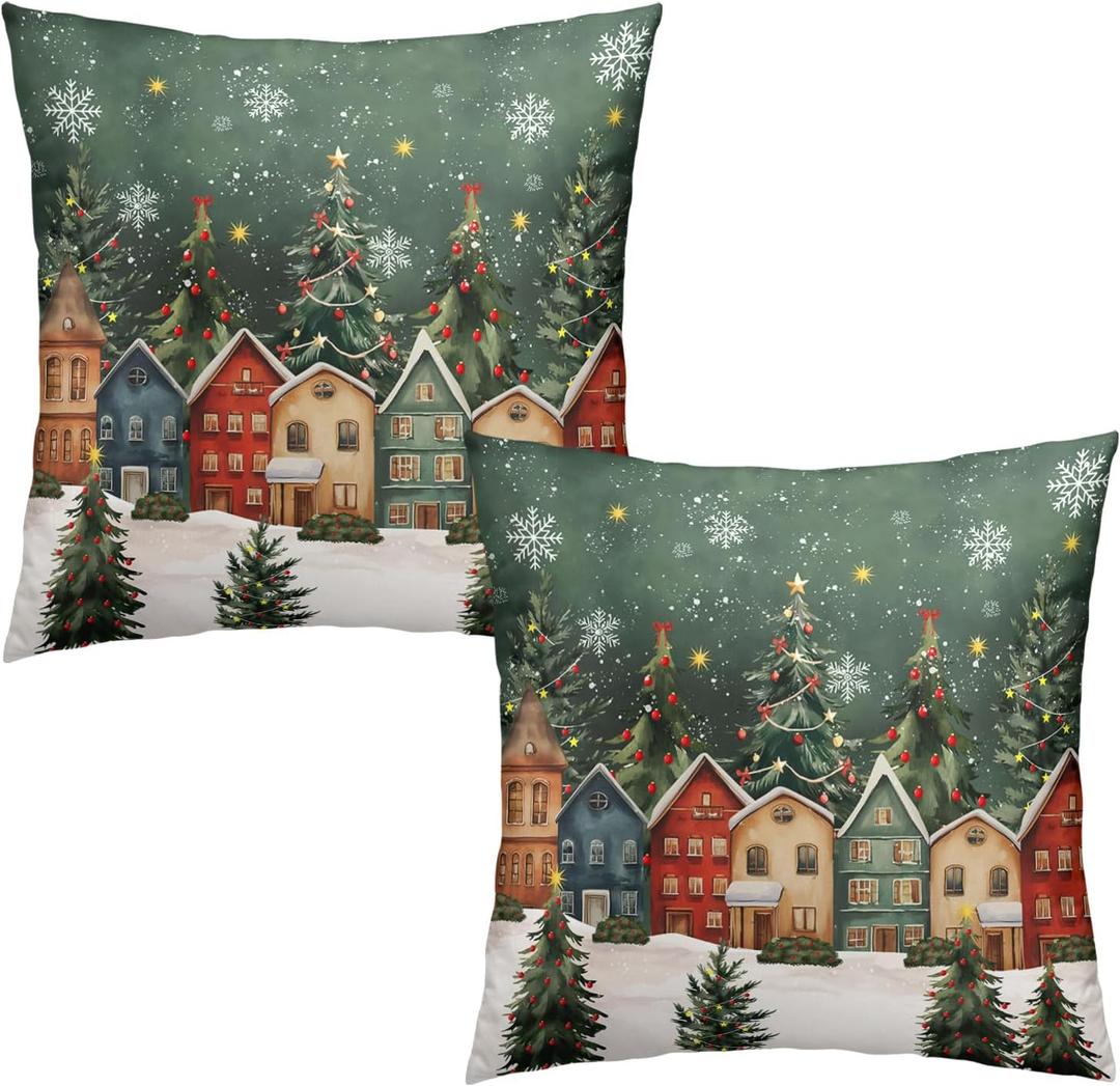 Wnoesat Christmas Decorative Pillow Cover 18x18 Set of 2 Winter Xmas Tree Wonderland Forest Village Town House Snowflake Pillow Case Holiday Farmhouse Vintage Rustic Pillowcase for Sofa Couch Porch