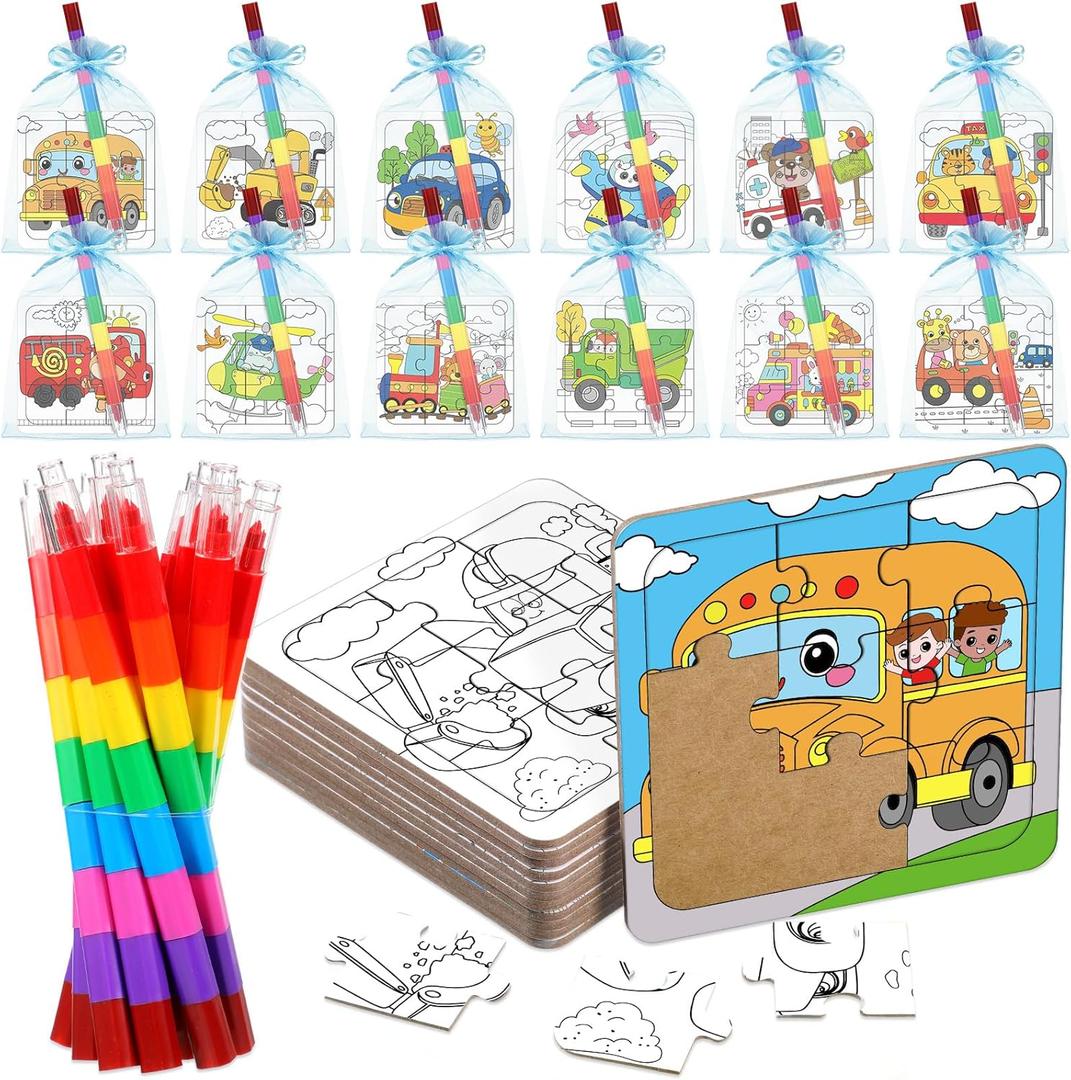 12 Sets Transportation Puzzles Traffic Theme Color Your Own Puzzles DIY Construction Jigsaw Craft with 12 Stackable Crayons and 12 Bags for Construction Gifts Birthday Party Supplies(12, Car)
