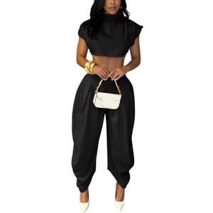 Ekaliy Casual Two Piece Sets For Women Mock Neck Short Sleeve Crop Tops and Palazzo Pants Set Summer Outfits (Black, XXL)