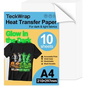 TECKWRAP Printable Heat Transfer Paper for T-Shirts 10 Sheets, 8.3" X 11.7" Printable Heat Transfer Vinyl for Inkjet Printer, Iron on Transfer Paper for Light and Dark Fabric (Glow in Dark)