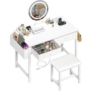 Makeup Vanity Desk with Mirror and Lights - Girls White Vanity Table Set with Chair, Fabric Drawers, Power Outlet, Small Modern Make Up Dressing Table for Bedroom (31.5")