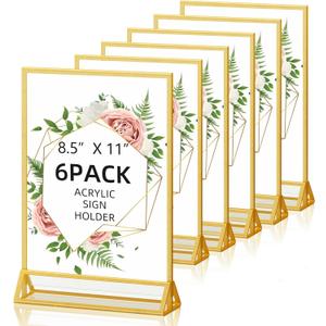 PPH-Sisy Acrylic Sign Holder 8.5X11 Double-Sided Gold Picture Frames Clear Sign Holder for Flyer Holder Menu Holder Wedding Table Number Holder Photo Frame -6 Pack