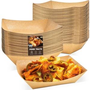 3 Lb Paper Food Trays - 100 Pack Disposable Nacho Trays, Kraft Paper Food Boats Taco Holders Party Serving Baskets for Hot Dogs Snacks Tacos Fries