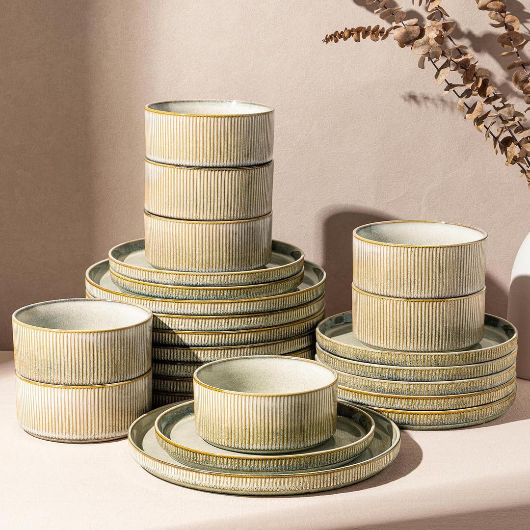 GBHOME 24-Piece Stoneware Dinnerware Set for 8 Ribbed Ceramic Plates and Bowls, Scratch-Resistant, Microwave & Dishwasher Safe, Reactive Glaze, Desert Sage