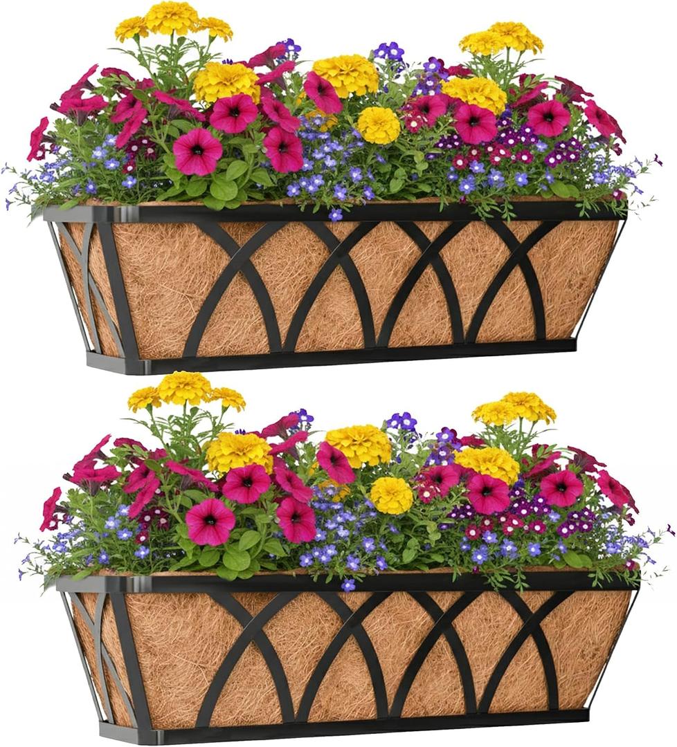 Window Deck Railing Planters Boxes with Coconut Liner, The Bottom Flat Window Boxes Planter Flower Boxes Metal Black Balcony Planters Railing Hanging for Outdoor Fence Porch Patio Lawn(2Pcs 30 Inch)