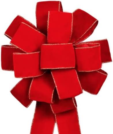 3pcs Red Velvet Ribbon Christmas Bows with Golden Wire, Handmade(26"x 12") Wired Large Ribbons, Thanksgiving/Christmas Tree Topper, Garland/Wreath, Tree Topper Decor