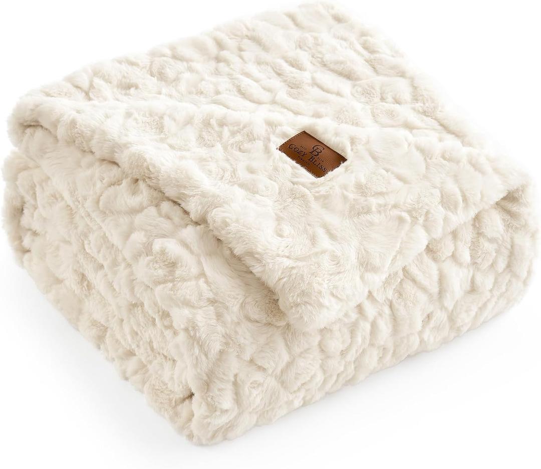 Cozy Bliss Faux Fur Throw Blanket for Couch, Fuzzy Soft Plush Thick Warm Fluffy Reversible Wave Textured Blanket for Sofa Bedroom Living Room, 55*70 Inches Cream White