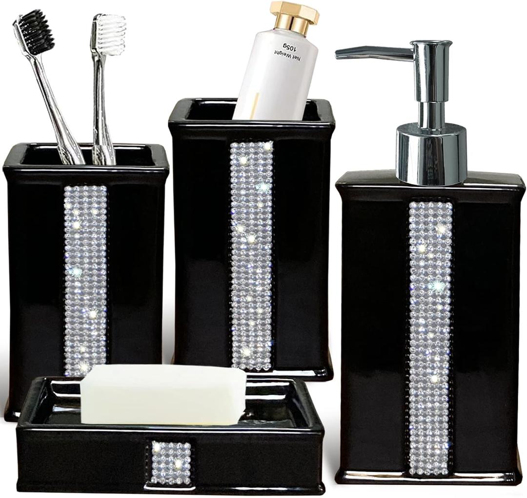 CAAHANJIA Bath Accessories Sets for Bathroom, Black Bathroom soap Dispenser Set, Ceramic Liquid Dispenser Pump, 2 Tumbler Cup, Soap Dish-Bathroom Home Decor Clearance (12 Ounce Black)