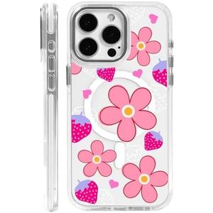 OKBUOK for iPhone 16 Pro Max Case [Compatible with Magsafe],Girls Women Clear Magnetic Case Silicone Shockproof Protective Cover with Pattern Pink Strawberry Flowers