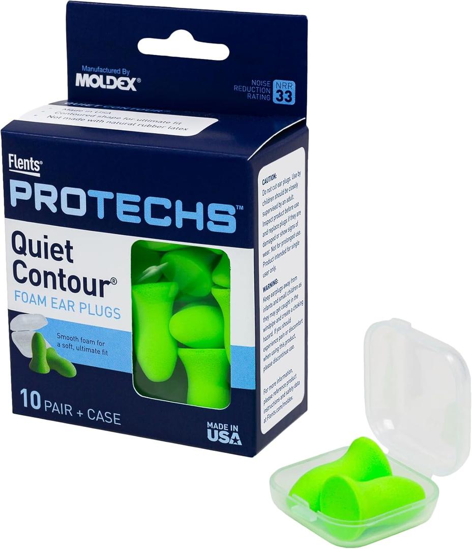 Flents Protechs Foam Ear Plugs, 10 Pair with case Sleeping, Snoring, Loud Noise, Traveling, Concerts, Construction, Studying, Work, Shooting, NRR 33, Noise Cancelling, Green, Made in the USA