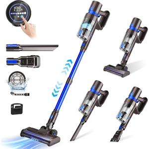 Cordless Vacuum Cleaner, 550W 45KPA 50Min Vacuum Cleaners for Home, Self-Standing Stick Vacuum with Touch Screen, 3 Power Modes, Rechargeable Battery, Handheld Vacuum for Pet Hair Carpet Floor (Blue)