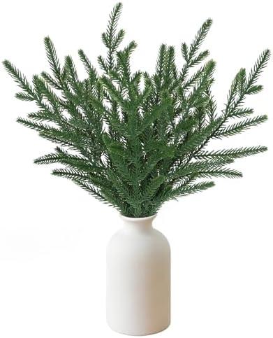 15" Artificial Norfolk Pine Stems in Frosted Ceramic Vase - Best Faux Pine Branches for Christmas Decor, DIY Holiday Crafts, Indoor Outdoor Home Decorations Small Fake Desk Table Decor（10pcs leaf）