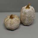 DN DECONATION Fall Pumpkin Decorations Table Centerpieces, 2Pcs White & Gold Artificial Pumpkins Figurines for Autumn Thanksgiving Harvest Indoor Home Decor (Resin with Rope-Wrapped Texture)