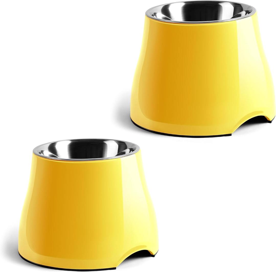 Fluffydream Elevated Dog Bowls - Non-Slip with Stainless Steel Bowl, High Capacity (Lemon Yellow 2 Packs, L 860ML/3 Cups)