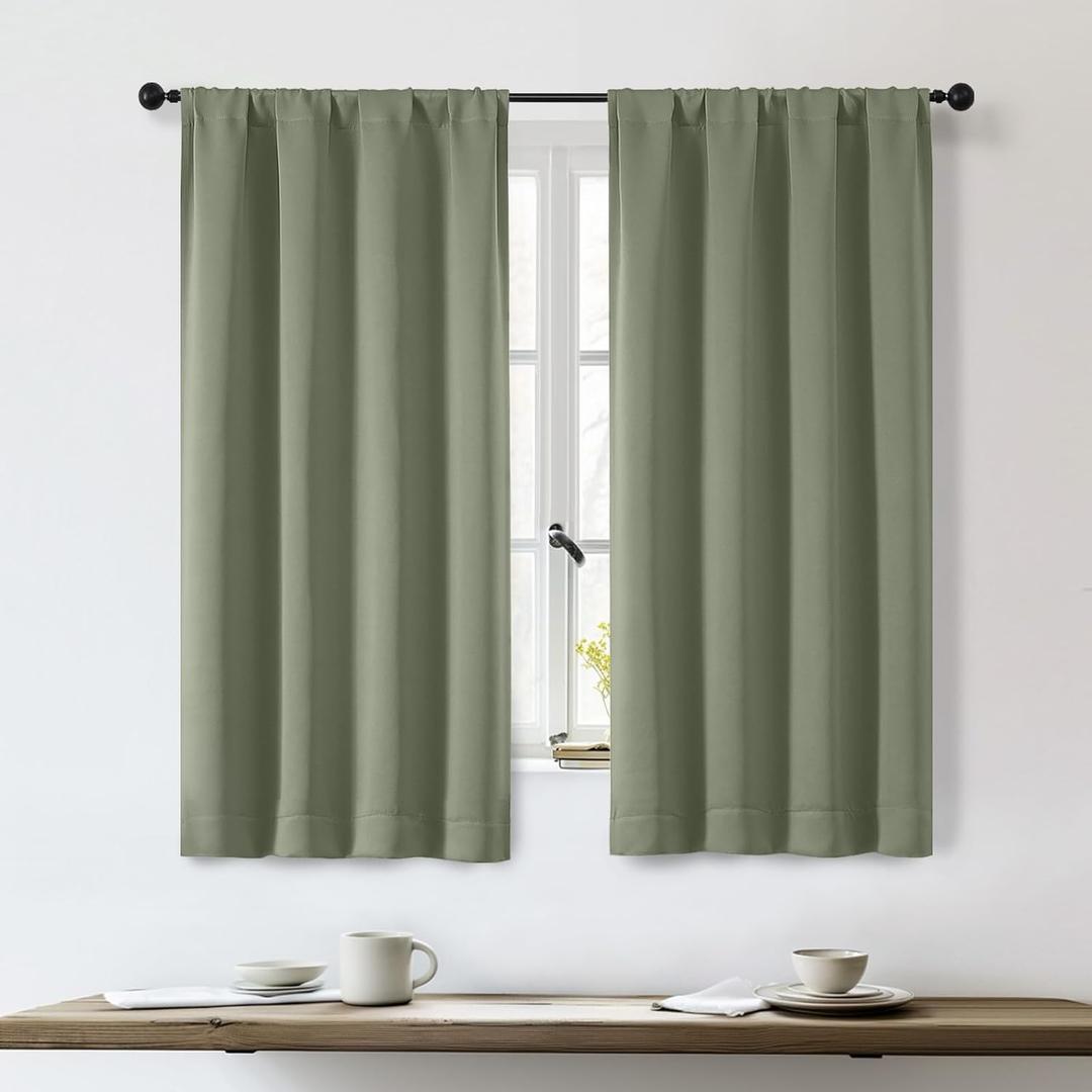 OWENIE Sally Sage Green Short Blackout Curtains for Bedroom Living Room 54 Inch Length 2 Panels Set, Solid Thermal Insulated, Energy Saving Window Treatment Curtains Bathroom Drapes, W40 x L54, Sage
