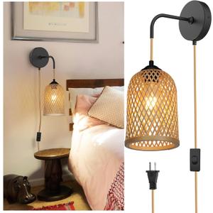 Plug in Wall Sconces,Handwoven Boho Wall Decor, Plug in Wall Light with Switch for Farmhouse,Indoor, Living Room, Bedroom (Bulb Not Included) 3.25 x 8.75 inches (Bamboo Cage)