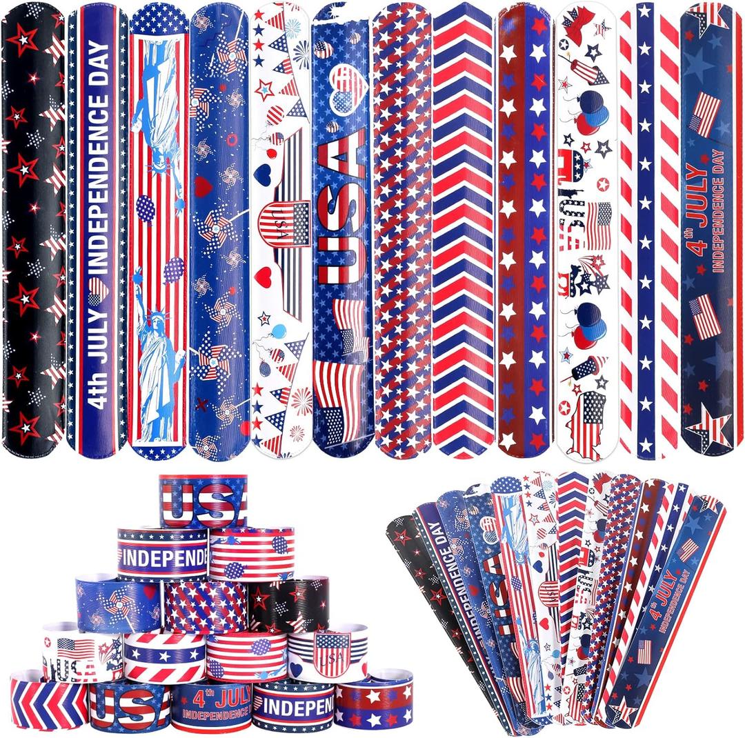 MGparty 4th of July Accessories, 48PCS Patriotic Slap Bracelets Toys for Kids, Fourth of July Decorations Party Favors Memorial Day Supplies Classroom Prizes Gifts Accessories