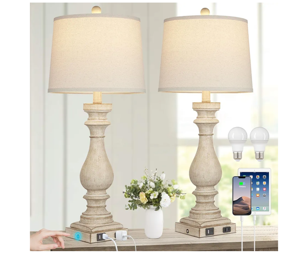 29" Farmhouse Table Lamp for Living Room Set of 2,Vintage Bedside Lamps with USB C+A Ports & AC Outlet,3-Way Dimmable Touch Control White Washed Finish Nightstand Lamp for Bedroom,Beige