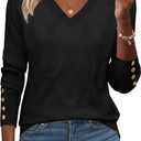 Zeagoo Womens V Neck Sweaters Shirts Long Sleeve Lightweight Ribbed Knit Pullover Sweater Blouse Tops with Buttons Oufits (Small, Black)