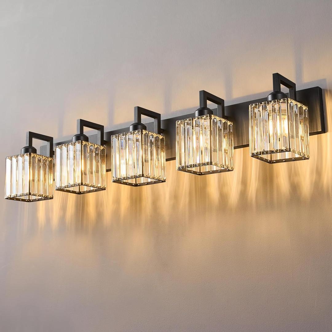 Black Bathroom Light Fixture, 5-Light Crystal Vanity Lighting, Bathroom Lighting Fixtures Over Mirror, Modern Crystal Wall Lamp